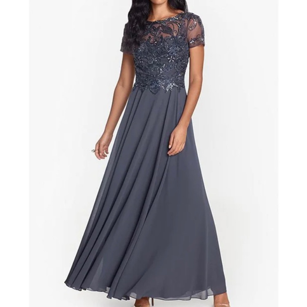 Xscape Beaded Bodice Embellished Short Sleeve Chiffon Gown in Charcoal Size 16